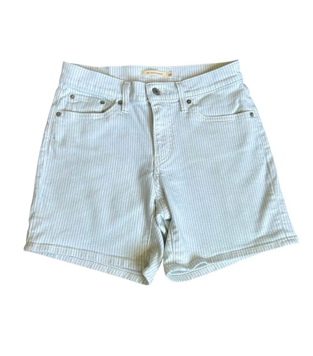 Levi’s women’s mid length white shorts blue pinstripe